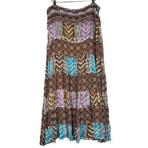 Haven Bleu Size: L Ikat Tie Dye Mixed Print Beaded Boho Maxi Skirt